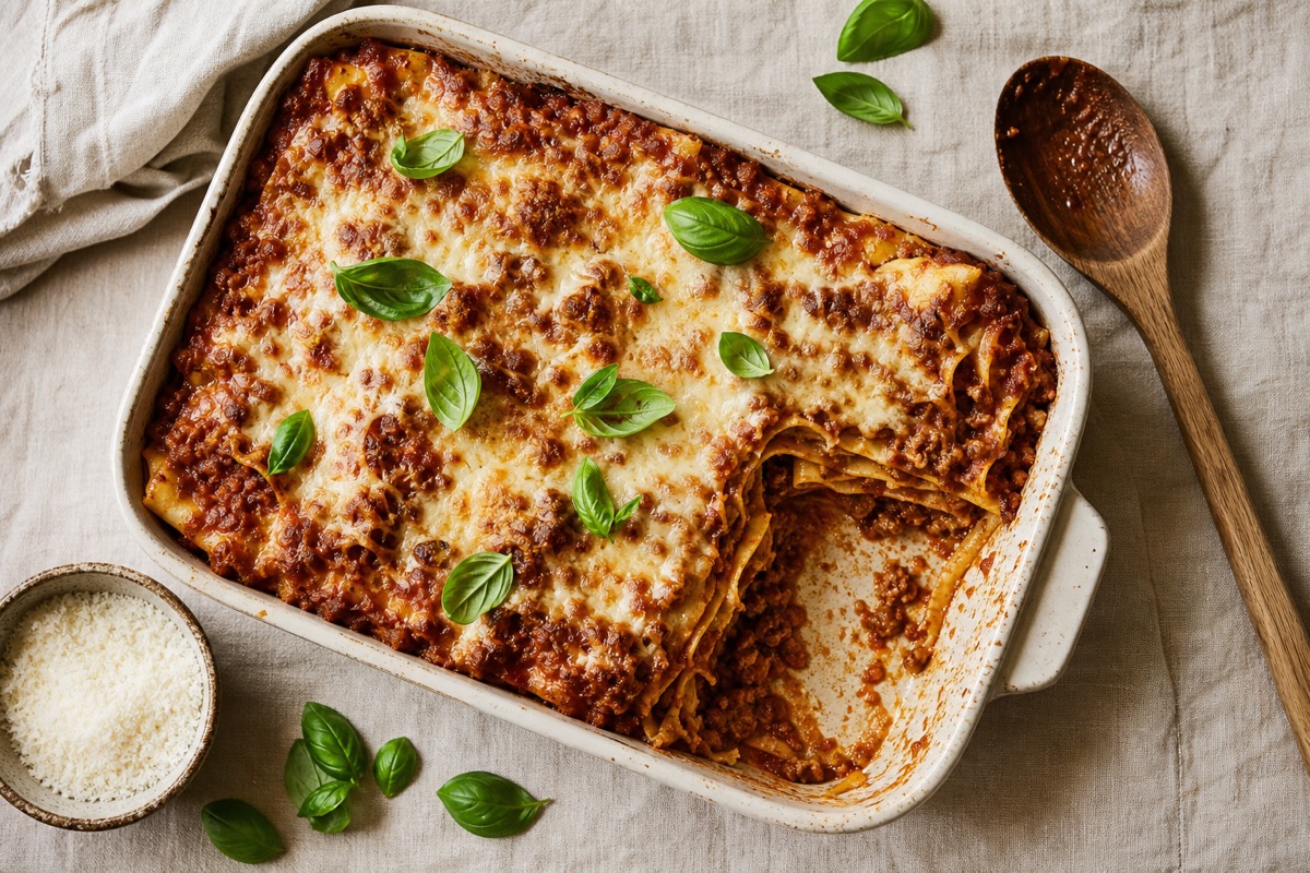A baking dish of lasagna bolognese, top-down, basil on top.